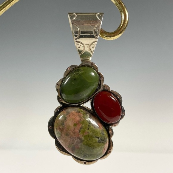 Desert Rose Trading Jade, Unakite & Carnelian Sterling Silver Pendant
